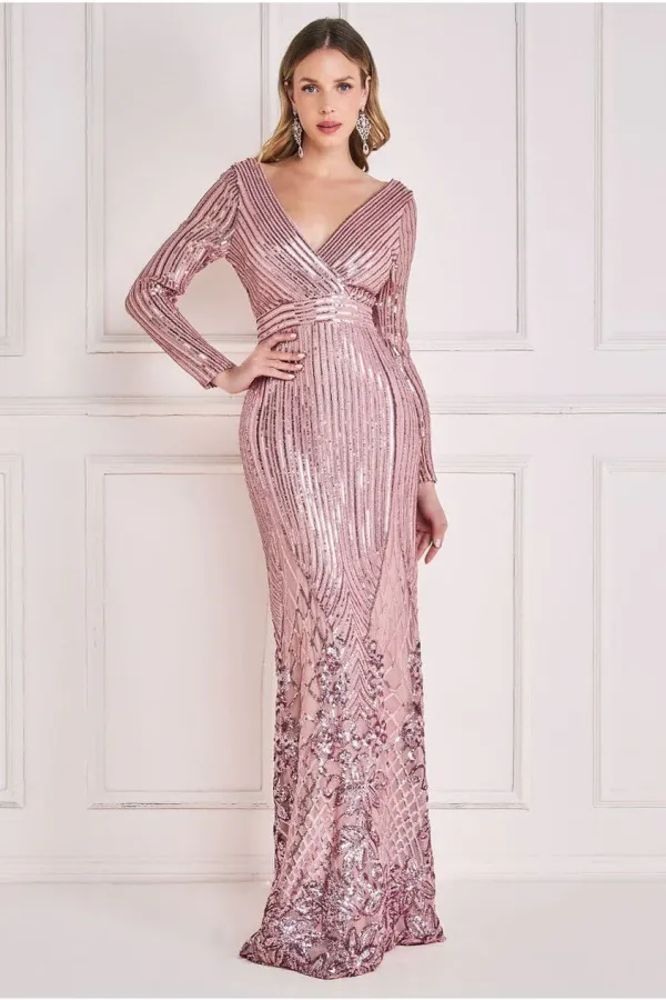 Long Sleeve Sequin V Wrap Maxi Dress - Blush