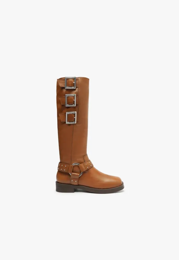 Luccia Buckle Graxo Leather Boot - Honey Peach