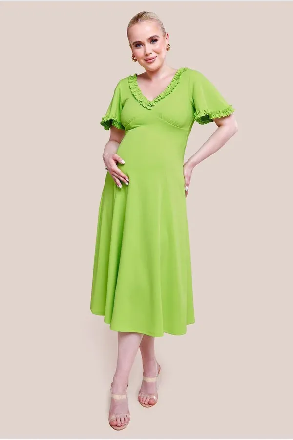 Maternity Flare Sleeve Frill Edge Midi Dress - Lime Green