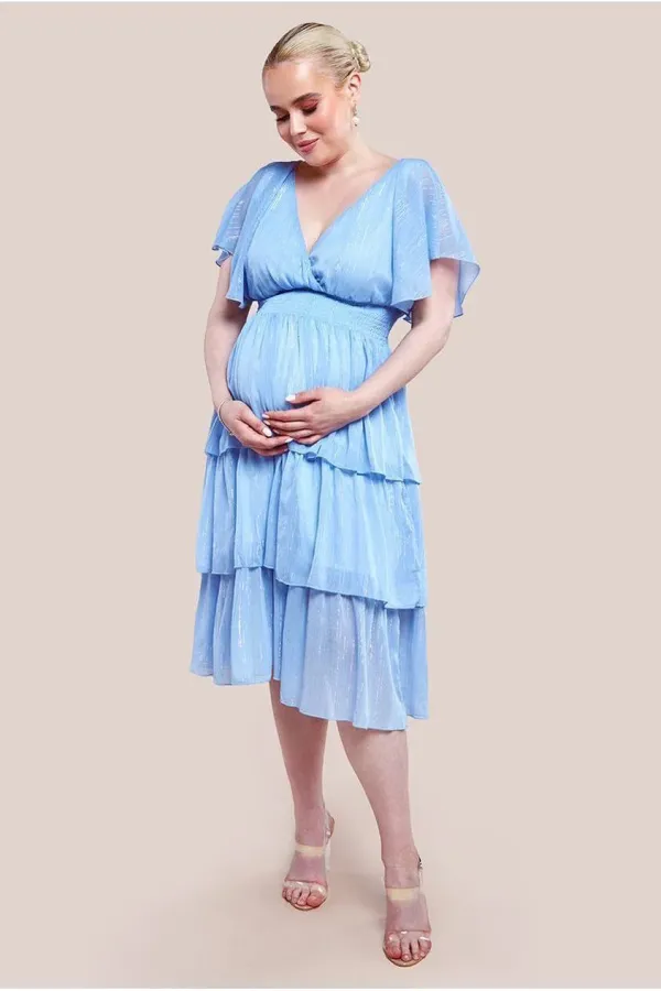 Maternity Plain Lurex Chiffon Tiered Midi Dress - Light Blue - LightBlue