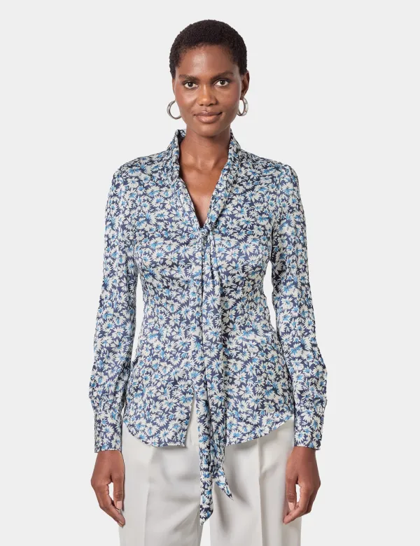 Navy & Blue Floral Pussybow Blouse | Navy/Blue | Polyester | Womens