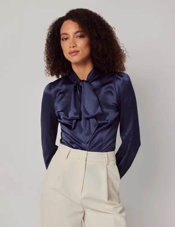 Navy Pussybow Blouse | Satin | Plain | Womens