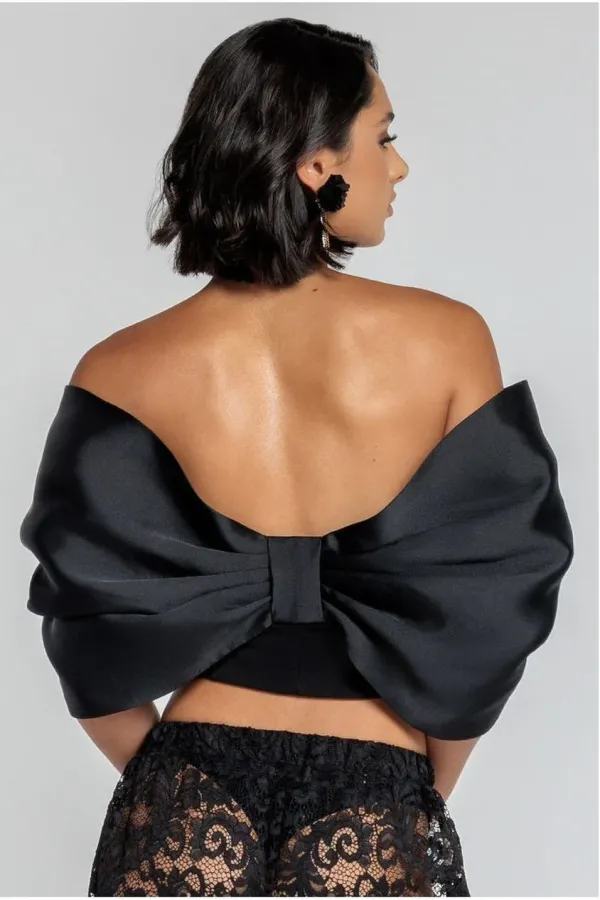 Off Shoulder Back Satin Bow Scuba Corset - Black