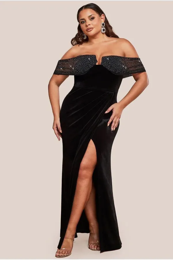 Off Shoulder Hotfix Diamante Wing Velvet Maxi Dress - Black