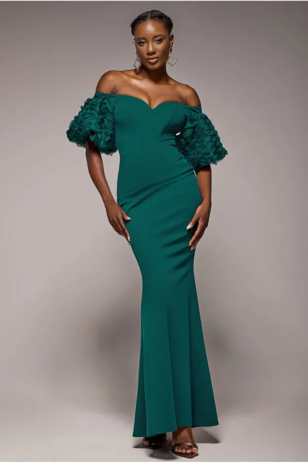 Off The Shoulder 3D Puffed Sleeve Sweetheart Maxi Dress - Emerald Green - EmeraldGreen