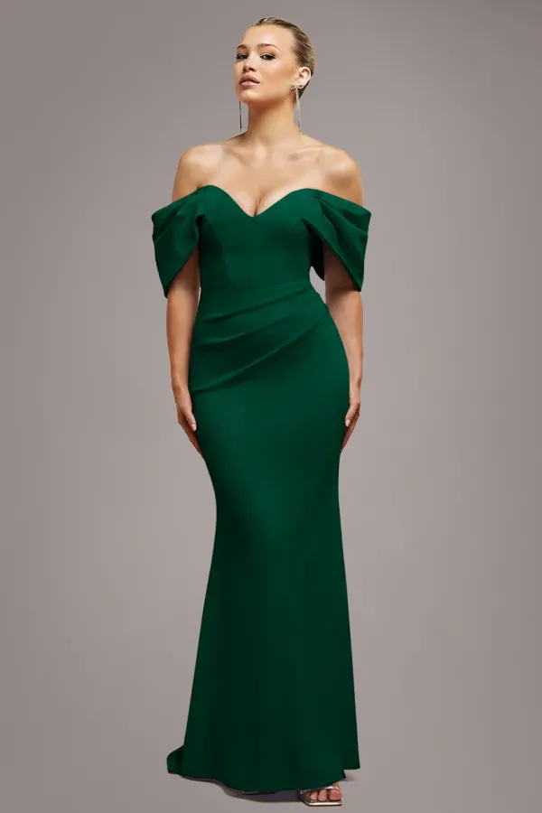 Off The Shoulder Draped Sleeve Maxi Dress - Emerald Green - EmeraldGreen