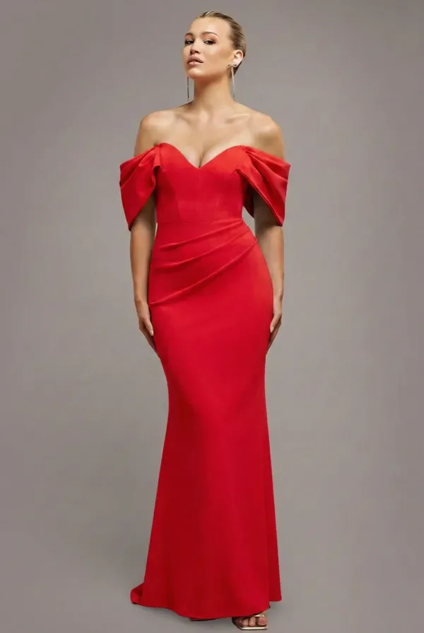 Off The Shoulder Draped Sleeve Maxi Dress - Red