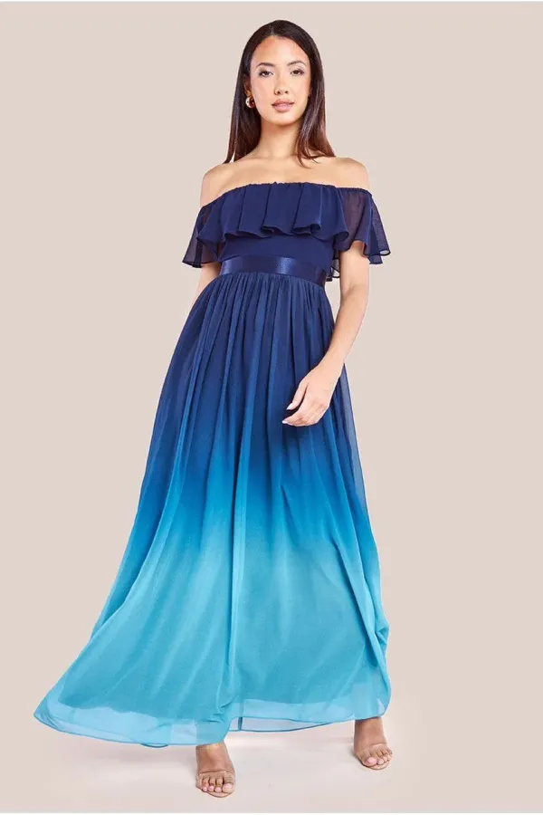 Ombre Chiffon Bardot Frill A-line Maxi Dress - Navy Ombre - NavyOmbre