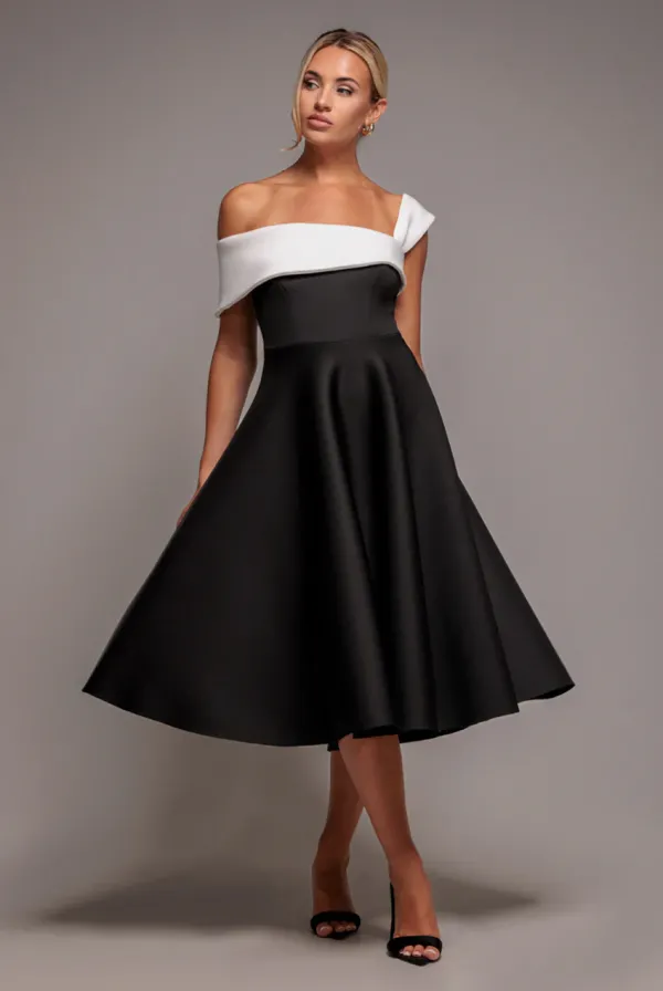 One Shoulder A Line Midi Dress - Black Cream - BlackCream