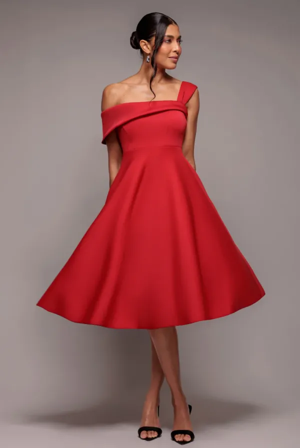 One Shoulder A Line Midi Dress - Red