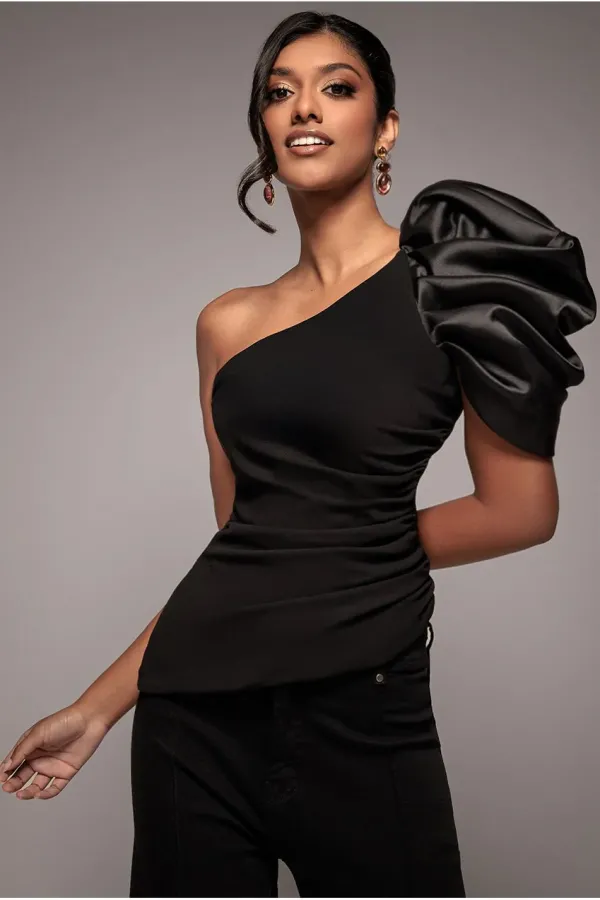 One Shoulder Puffed Satin Sleeve Asymmetric Scuba Top - Black