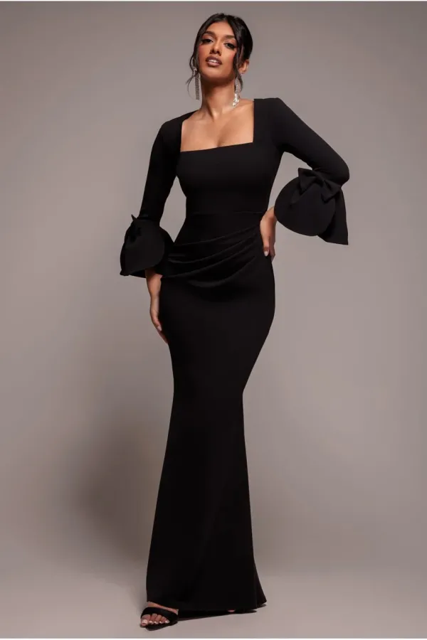 Petal Bow Sleeve Frill Maxi Dress - Black