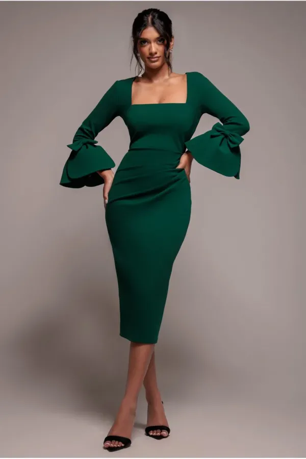 Petal Bow Sleeve Frill Midi Dress - Emerald Green