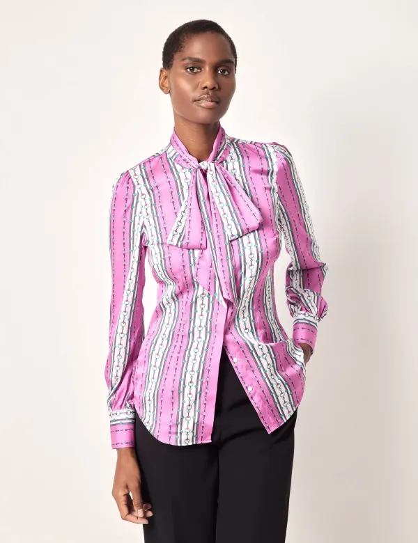 Pink & White Chain Stripe Pussybow Blouse | Pink/White | Satin | Striped | Womens