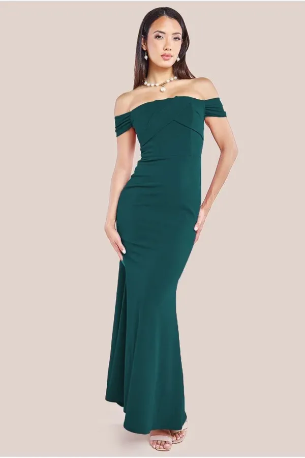 Pleated Bardot Scuba Maxi Dress - Emerald Green