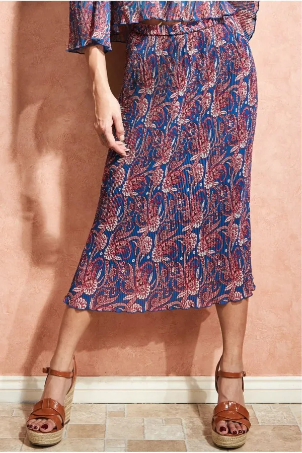 Printed Shirred Midi Skirt - Blue