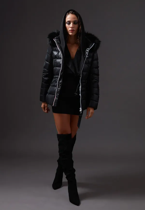 R4D Tricolore Racer Puffer Jacket Lux with Fur Hood - Black