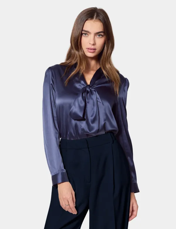 Relaxed Fit Navy Pussybow Blouse | Polyester | Plain | Womens