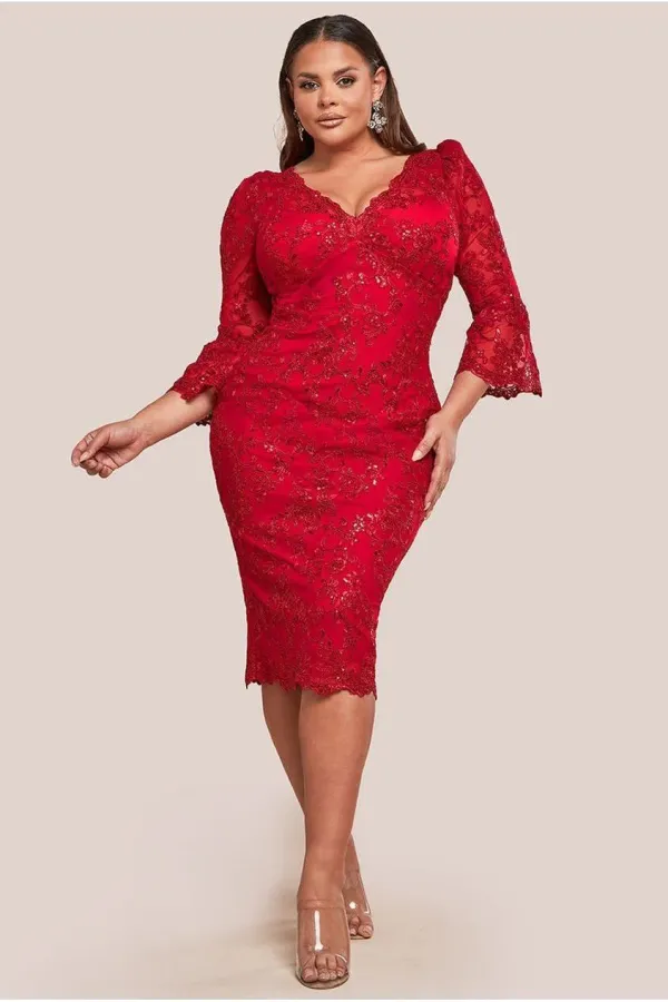 Scallop Lace Midi Dress- Red