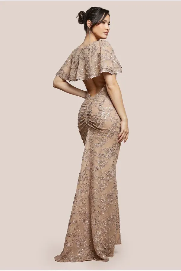 Scalloped Cape Open Back Lace & Sequin Maxi Dress - Champagne