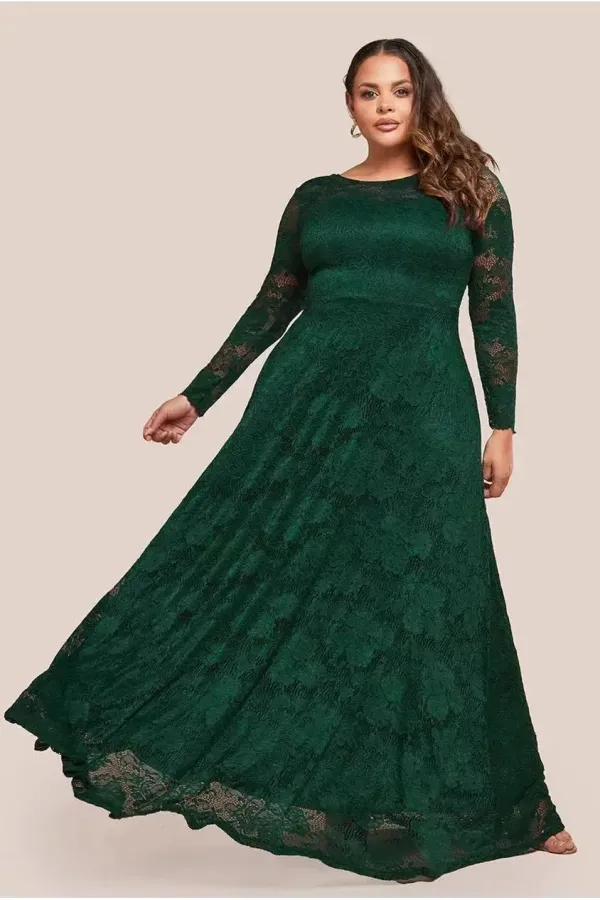 Scalloped Lace A-Line Maxi Dress - Emerald Green
