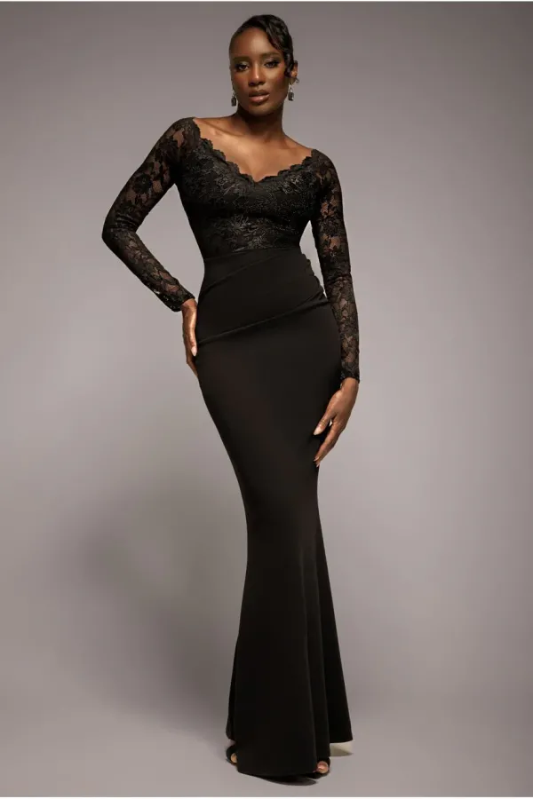 Scalloped Lace Bodice Long Sleeve Bardot Maxi Dress - Black