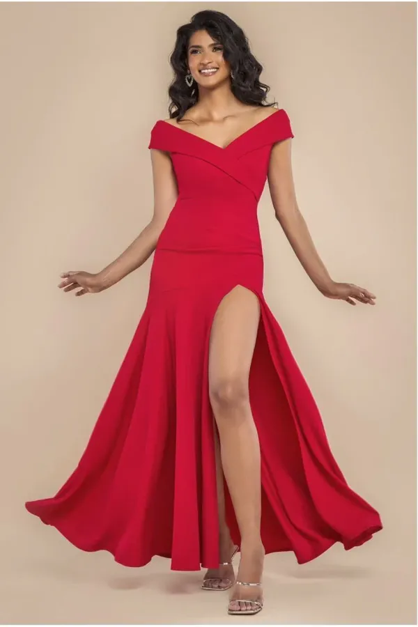 Scuba Crepe Off Shoulder Front Split Maxi Dress - Red