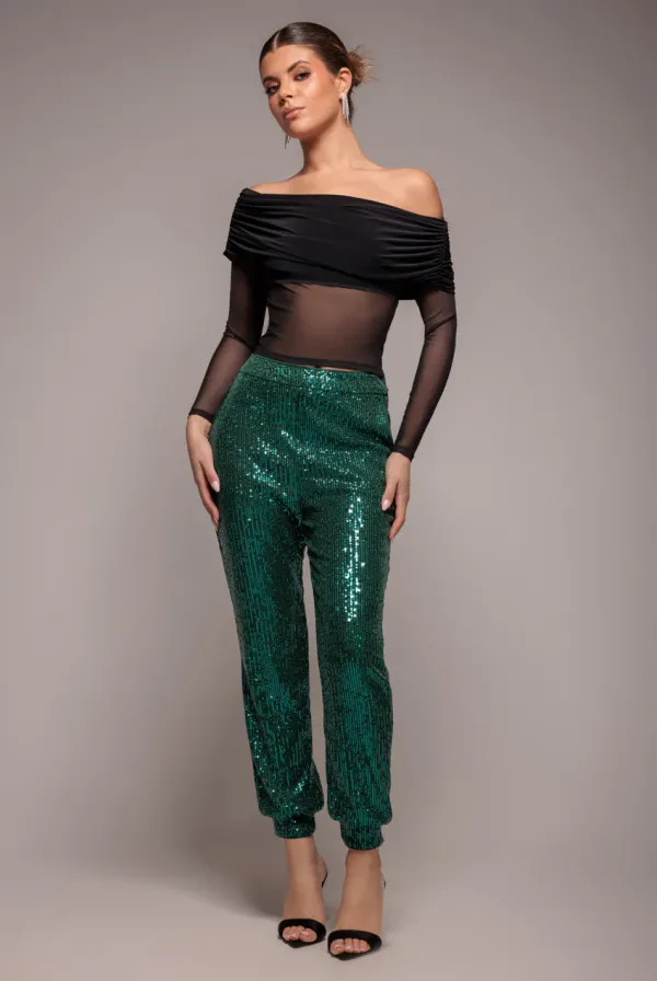 Sequin Cuffed Ankle Pant - Emerald