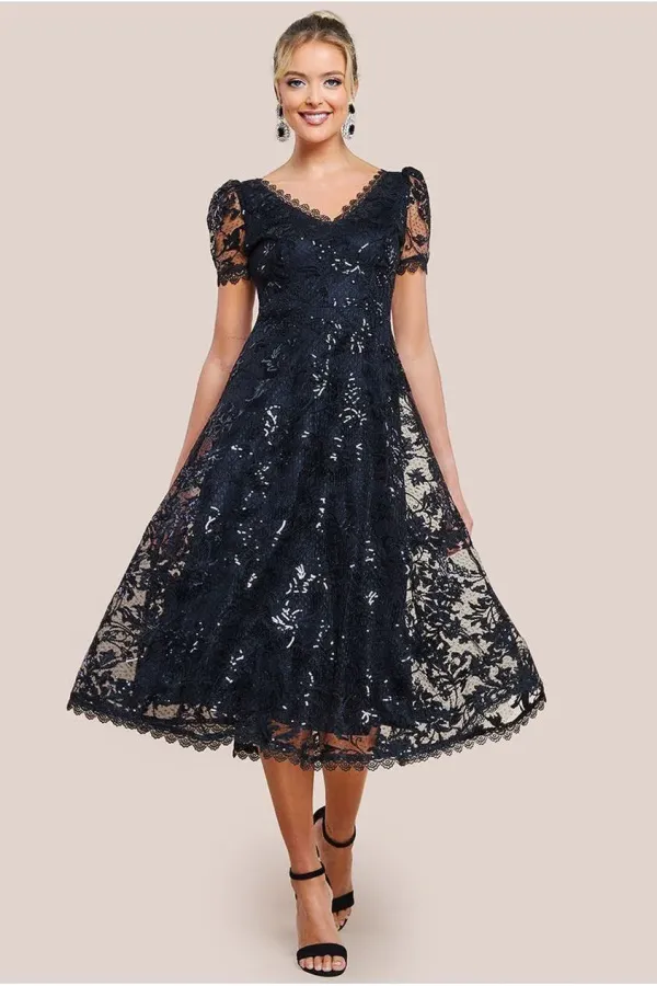 Sequin Lace Short Sleeve A-Line Midi Dress - Black