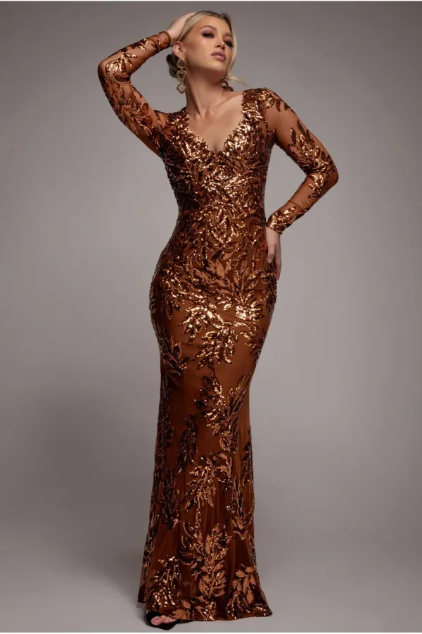 Sequin Leaf Long Sleeve Maxi Dress - Bronze