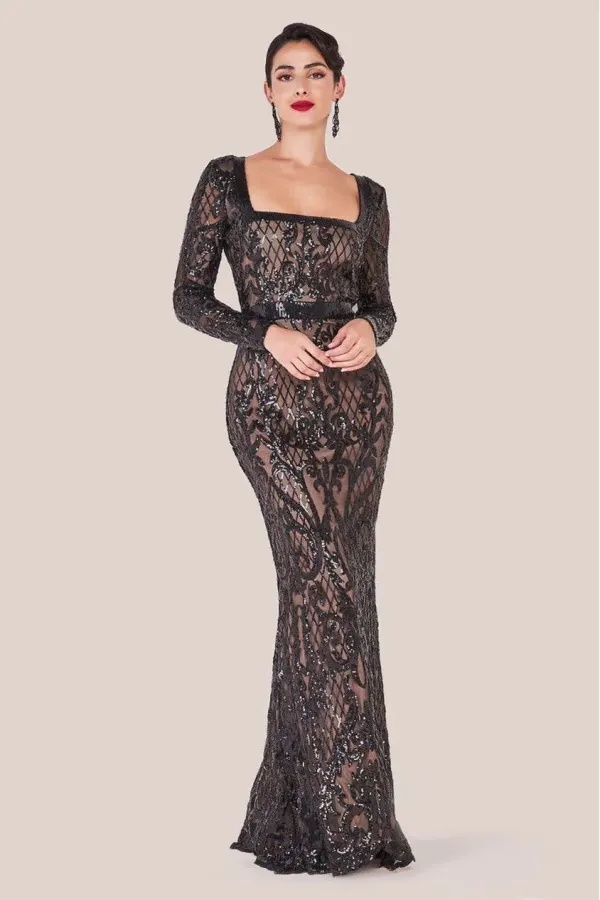 Sequin Square Neck Maxi With Scallop Hem - Black