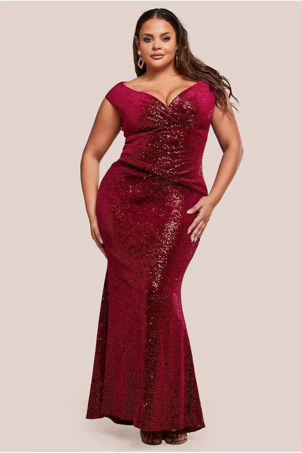 Sequin & Velvet Bardot Maxi Dress - Wine