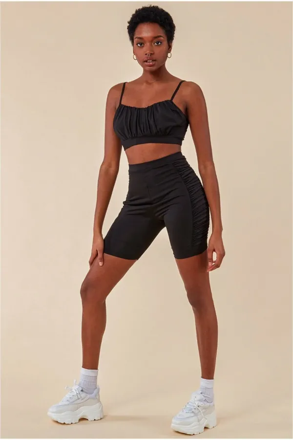 Side Detail Bralette & Cycle Short Set - Black