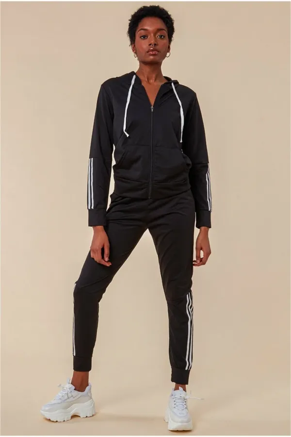 Stripe Detail Hooded Tracksuit Set - Black
