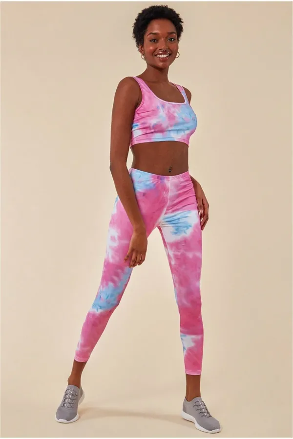 Tie-dye Crop Top With Leggings Set - Pinkblue