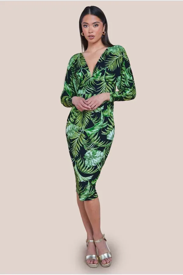 Tropical Print Midi With Batwing Sleeves - Green
