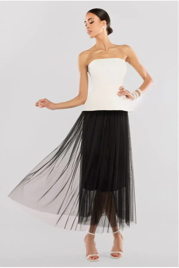 Tulle Gathered Midaxi Skirt - Black