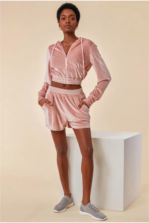 Velour Hoodie & Short Set - Pink
