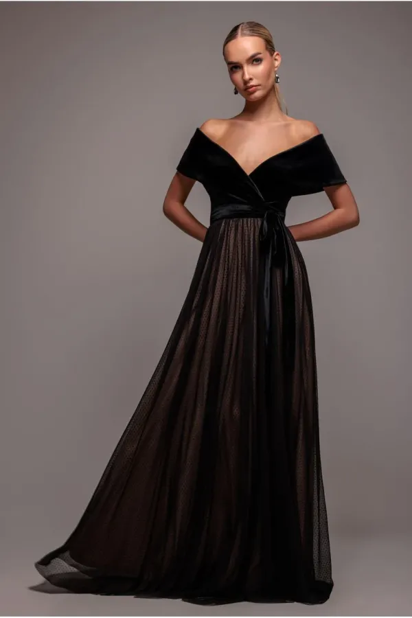 Velvet Bardot Dobby Mesh A Line Maxi Dress - Black