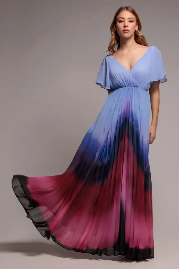 Wavy Ombre A-Line Chiffon Maxi Dress - Blue