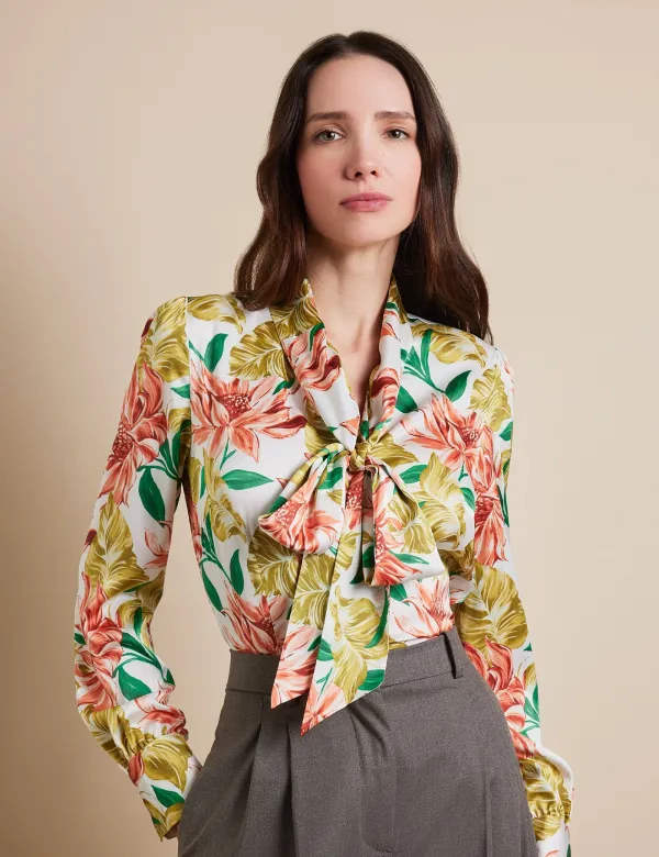 White & Green Floral Pussybow Blouse | White/Green | Polyester | Womens