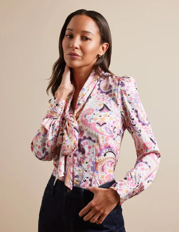 White & Pink Paisley Pussybow Blouse | White/Pink | Polyester | Womens