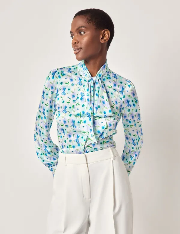 White & Purple Floral Pussybow Blouse | White/Purple | Satin | Womens