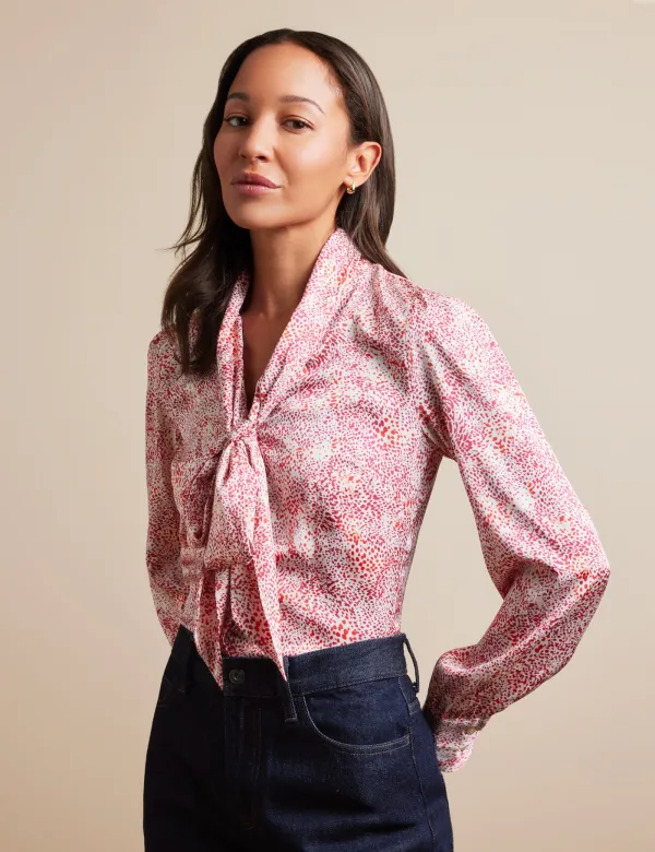 White & Red Leopard Pussybow Blouse | White/Red | Polyester | Animal | Womens