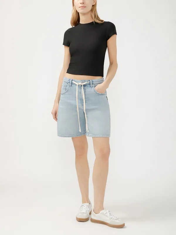 Womens Be Easy High Rise Drawstring Long Shorts (Indigo) Size 26 by Silver Jeans - Blue