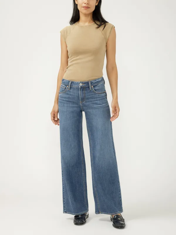 Womens Suki Mid Rise Wide Leg Knit Flex Jeans (Broydon) Size 24 by Silver Jeans