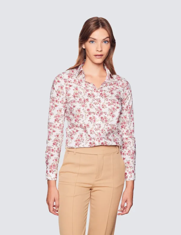Womens White & Fuchsia Floral Print Semi Fitted Cotton Shirt | White/Fuchsia