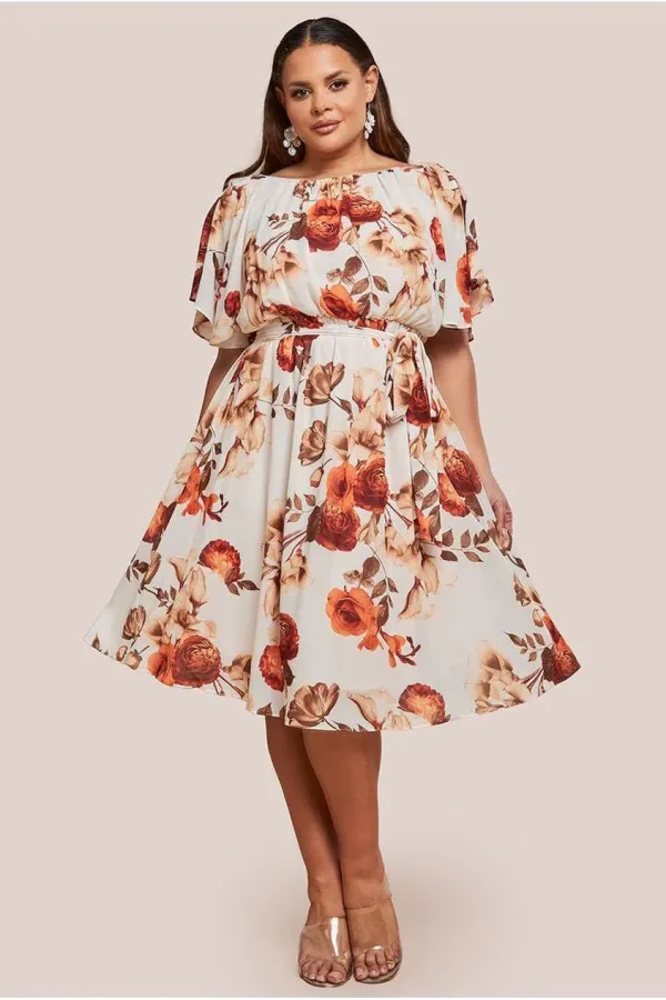 Wrap Back Flutter Sleeve Midi Dress - Beige