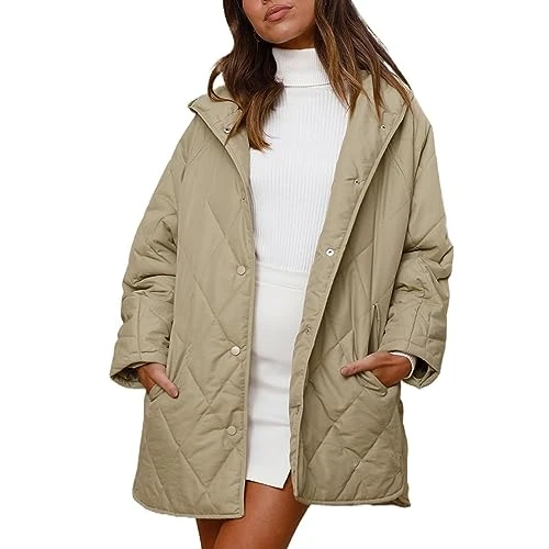 01099 Zu Women's Stylish Winter Casual Diamond Quilted Lightweight Jacket Coat with Hood, Green, L