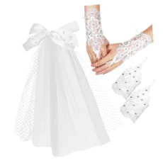 1 Pairs Bow Veil Lace Gloves Bridal Gloves Wedding Gloves Bridal Veil for Wedding Pearl Veil Bridal Veil with Gloves Bridal Veil Long Bead Embroidery Wedding Dress Mesh Bride